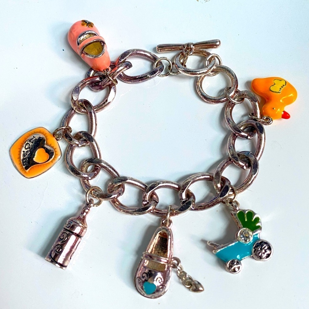Vintage Brighton Baby Charm Bracelet LOVE Heart Carriage Shoe Bottle Silver 7"